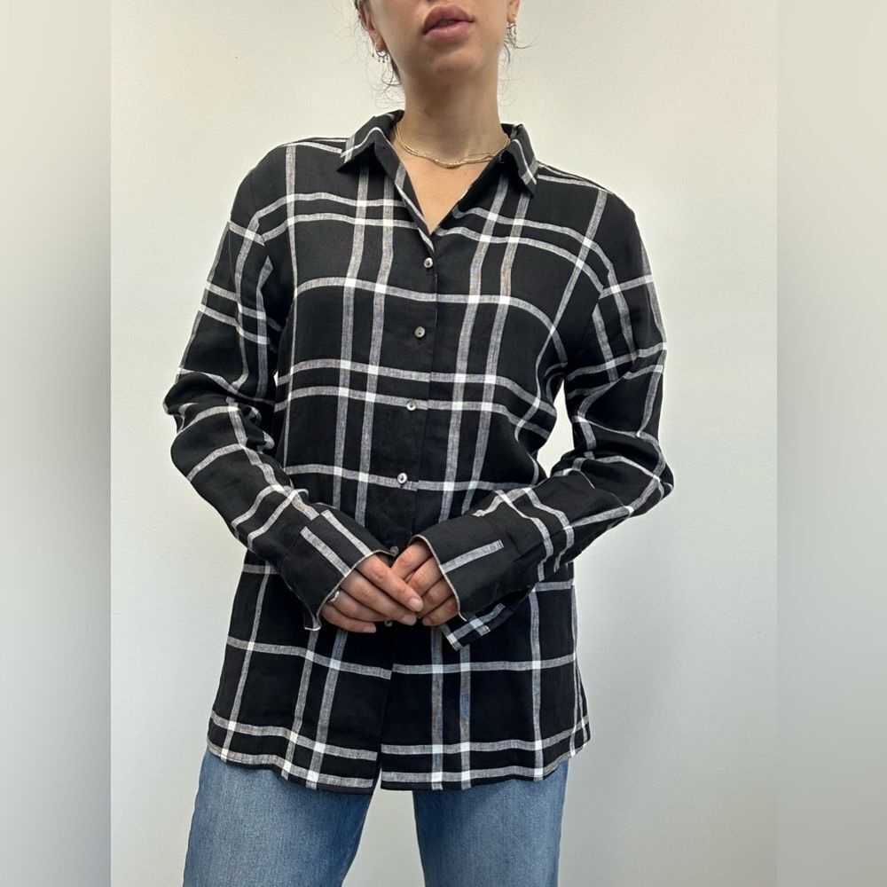 Vintage Talbots 90's Irish Linen Plaid Black & White Long Sleeve Shirt Size M